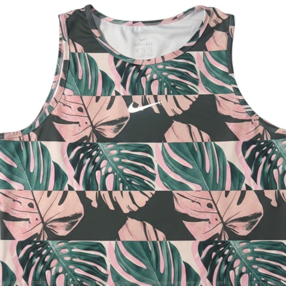 Nike Dri-FIT Tropical Monstera Leaf Print Cropped Tank Top XL Pink Green Active